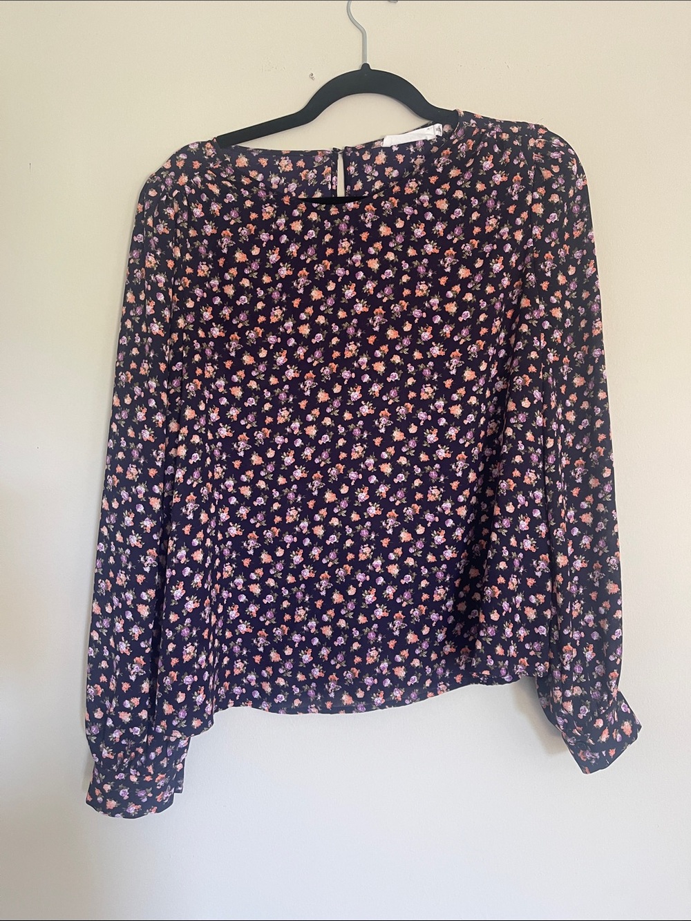 All in Favor Black Floral Long-Sleeve Blouse with Pink and Peach Flowers